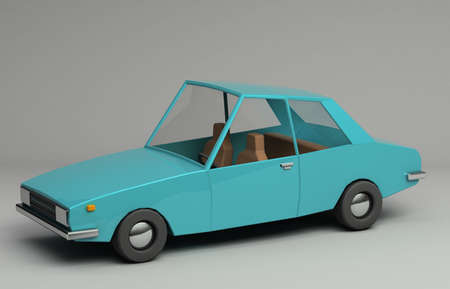 3d rendering of funny retro styled blue car. Glossy bright  vehicle on grey background with realistic shadows. Three-quarter view from aboveの写真素材