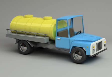 3d funny cartoon styled milk tanker. Glossy bright  vehicle on grey background with realistic shadows.. Three-quarter view from aboveの写真素材