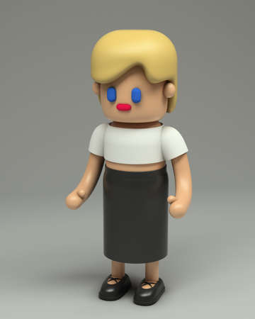 3d rendering of little girl with blonde hair in white crop top and black skirt. Cartoon stylized 3d character illustration. Cute figure in full growth isolated on grey background.の写真素材