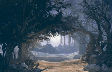 3d rendering of enchanted dark forest in the moonlight. Fairy path in the middle of 
mystic magic deep forest. Scenic landscape. Dark mysterious night scene, background for Halloween posterの写真素材