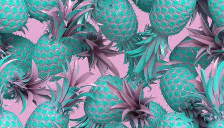3d rendering of bright tiki style seamless pattern with pineapples. Summer fun background. Trendy poster with vivid colors, pastel blue. の写真素材