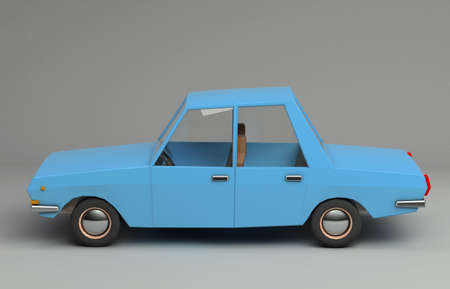 3d funny retro styled blue car. Glossy bright  vehicle on grey background with realistic shadows. Side viewの写真素材
