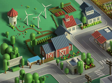 3d rendering of city landscape. Low poly colorful background. Isometric cartoon city scape. Different districts: simple rural cottages and fields, houses and stores, downtown with skyscrapers.
の写真素材