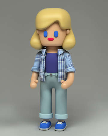 3d rendering of little blonde girl in blue checkered shirt, jeans and sneakers. 
Cartoon stylized 3d character illustration. Cute figure in full growth isolated on grey background. の写真素材