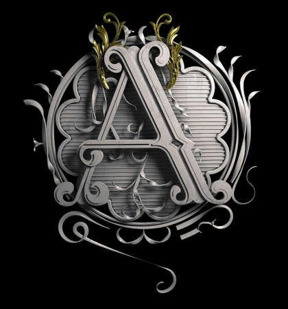 3d Classic capital letter A with decorative ornamental frame. Premium calligraphic label design. Uppercase. Monochrome white old-style typography and detailed golden filigree and flourishes on black background.  
の写真素材