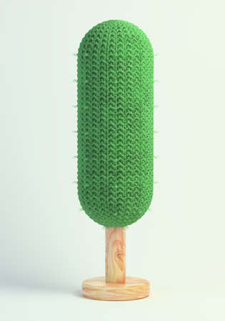 3d rendering of handmade tree with knitted crown from green yarn and wooden stand on white background with soft shadowsの写真素材