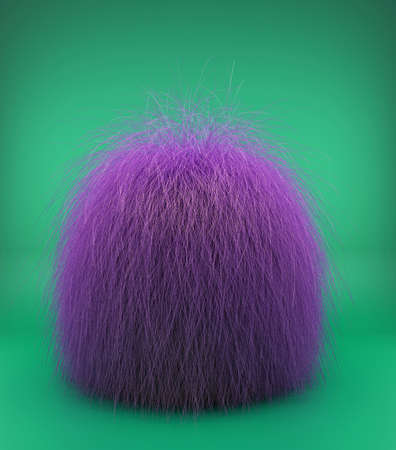 3d rendering of purple fur ball isolated on green backgroundの写真素材
