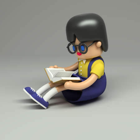 3d rendering of little girl in glasses sitting and reading book. Cartoon stylized. Cute figure on grey background. の写真素材