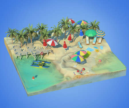 3d rendering of sunny beach. Piece of tropical island with water and sand in cross section. Colorful Illustration of vacation with palms, sun umbrellas, lounge chairs, pier with catamaran.の写真素材