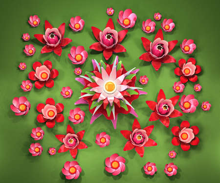 3d cartoon stylized lotus flowers.  Bright  pink blossoms on green  background. の写真素材