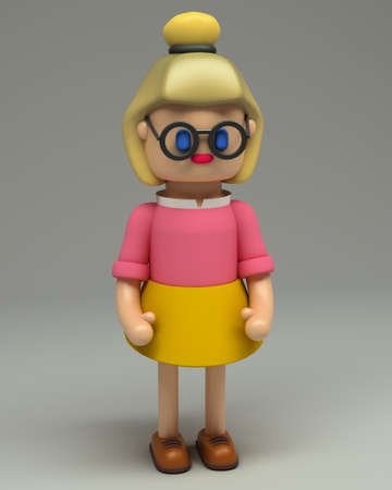 3d rendering of hipster girl with glasses and blonde hair bun in pink shirt, yellow skirt,  boots....