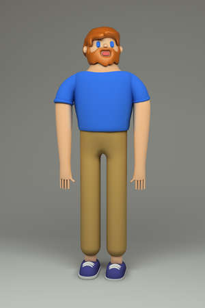 3d rendering of bearded man in t-shirt, beige pants and blue sneakers. 
Cartoon stylized 3d character illustration. Cute figure in full growth isolated on grey background. の写真素材