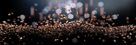 3d realistic falling coffee beans, floating wave with focus on foreground.
Dark abstract background with blurred lights , bokeh with geometric hexagonal iris. Long horizontal format.の写真素材