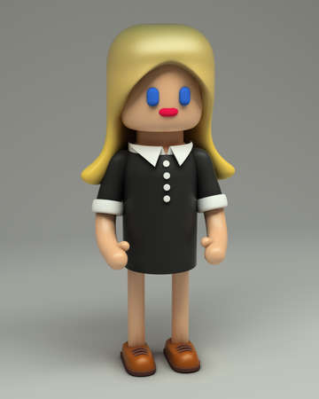 3d rendering of little girl with ombre blonde hair in black shirt dress. 
Cartoon stylized 3d character illustration. Cute figure in full growth isolated on grey background.の写真素材