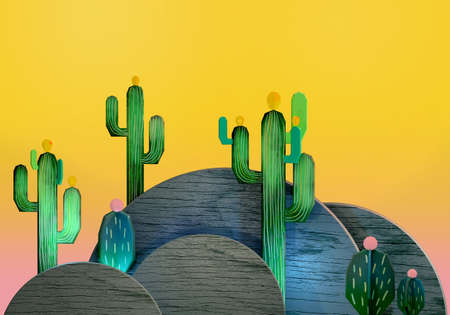 3d cartoon stylized decorations. Mexican theme.  Flat hills with cactuses . Wooden theatrical scenery style, or layered as pop-up books. Vivid yellow background.の写真素材
