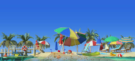 3d rendering of sunny beach. Piece of tropical island with water and sand in cross section. Colorful Illustration of vacation with palms, sun umbrellas, lounge chairs, pier with catamaran.の写真素材