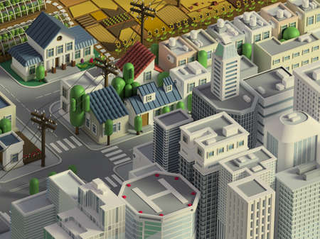 3d rendering of city landscape. Low poly colorful background. Isometric cartoon city scape. Different districts: simple rural cottages and fields, houses and stores, downtown with skyscrapers.
の写真素材