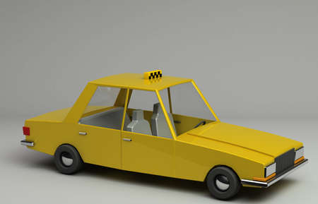 3d rendering of funny retro styled yellow taxi. Glossy bright  vehicle on grey background with realistic shadows. Three-quarter view from aboveの写真素材