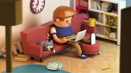 3d rendering of young man sitting on a couch and working on laptop computer at home. Cute working space. Cat sleeping on a sofa. Cartoon stylized.の写真素材