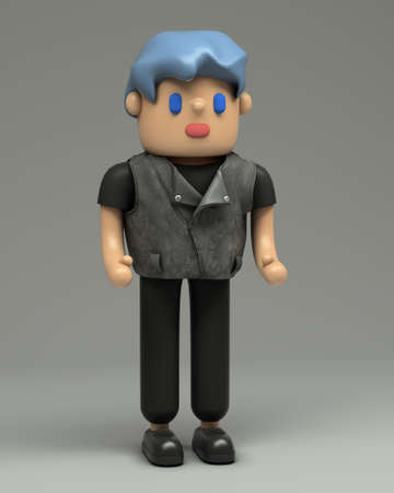 3d rendering of cool young man in t-shirt, leather vest, black pants and boots. 
Cartoon stylized 3d character illustration. Cute figure in full growth isolated on grey background.の写真素材