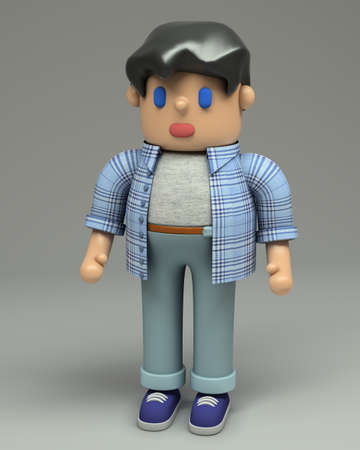 3d rendering of little brunet boy in blue checkered shirt, jeans and sneakers. 
Cartoon stylized 3d character illustration. Cute figure in full growth isolated on grey background. の写真素材
