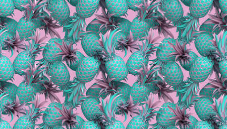 3d rendering of bright tiki style seamless pattern with pineapples. Summer fun background. Trendy...