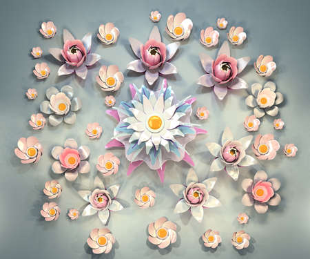 3d cartoon stylized lotus flowers on water.  Slightly pink blossoms on pale blue background. Pastel colors.の写真素材
