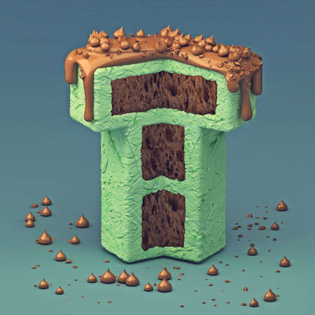 3d rendering of delicious letter with cream chocolate and sprinkles. Puff cake font letter Tの写真素材
