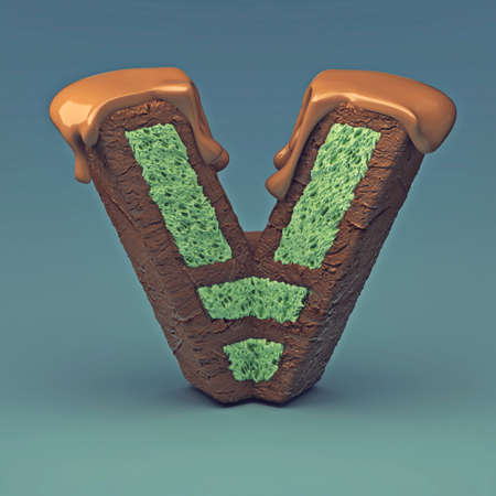 3d rendering of delicious letter with cream chocolate and sprinkles. Puff cake font letter Vの写真素材