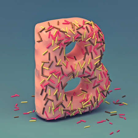 3d rendering of delicious letter with cream chocolate and sprinkles. Puff cake font letter Bの写真素材