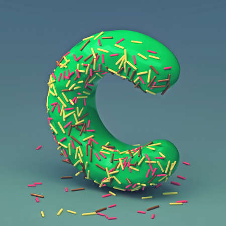 3d rendering of delicious letter with cream chocolate and sprinkles. Puff cake font letter Cの写真素材