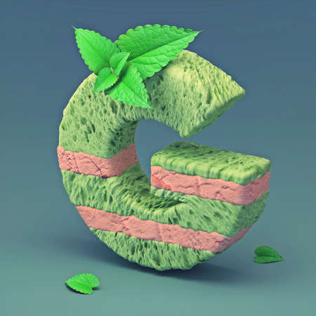 3d rendering of delicious letter with cream chocolate and sprinkles. Puff cake font letter Gの写真素材