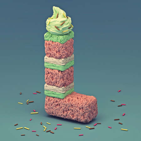 3d rendering of delicious letter with cream chocolate and sprinkles. Puff cake font letter Lの写真素材