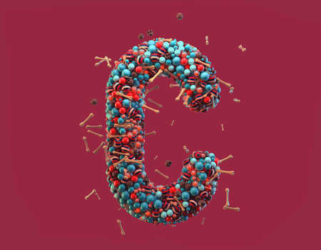 3d rendering. Colorful alphabet with small chocolate skulls and sugar bones. Font with many blue, orange and striped glossy spheres. Candy colors. Single uppercase letter C. Isolated on red backgroundの写真素材