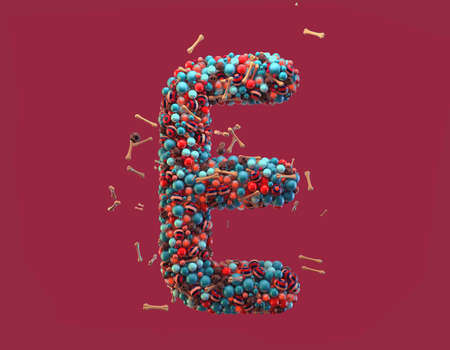 3d rendering. Colorful alphabet with small chocolate skulls and sugar bones. Font with many blue, orange and striped glossy spheres. Candy colors. Single uppercase letter E. Isolated on red backgroundの写真素材