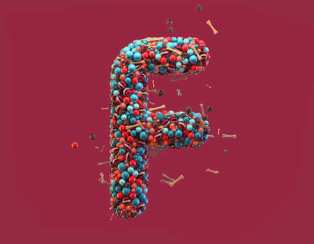3d rendering. Colorful alphabet with small chocolate skulls and sugar bones. Font with many blue, orange and striped glossy spheres. Candy colors. Single uppercase letter F. Isolated on red backgroundの写真素材