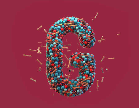 3d rendering. Colorful alphabet with small chocolate skulls and sugar bones. Font with many blue, orange and striped glossy spheres. Candy colors. Single uppercase letter G. Isolated on red backgroundの写真素材