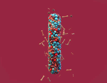 3d rendering. Colorful alphabet with small chocolate skulls and sugar bones. Font with many blue, orange and striped glossy spheres. Candy colors. Single uppercase letter I. Isolated on red backgroundの写真素材