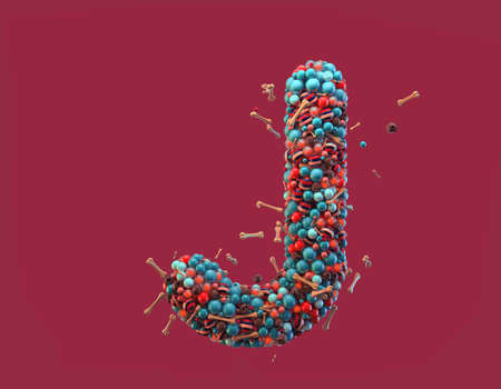 3d rendering. Colorful alphabet with small chocolate skulls and sugar bones. Font with many blue, orange and striped glossy spheres. Candy colors. Single uppercase letter J. Isolated on red backgroundの写真素材