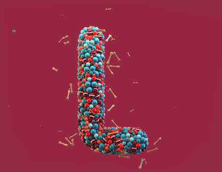 3d rendering. Colorful alphabet with small chocolate skulls and sugar bones. Font with many blue, orange and striped glossy spheres. Candy colors. Single uppercase letter L. Isolated on red backgroundの写真素材