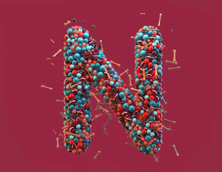 3d rendering. Colorful alphabet with small chocolate skulls and sugar bones. Font with many blue, orange and striped glossy spheres. Candy colors. Single uppercase letter N. Isolated on red backgroundの写真素材