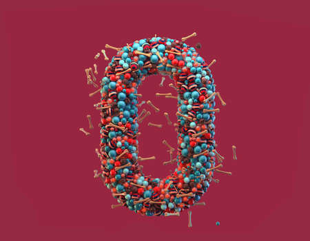 3d rendering. Colorful alphabet with small chocolate skulls and sugar bones. Font with many blue, orange and striped glossy spheres. Candy colors. Single uppercase letter O. Isolated on red backgroundの写真素材