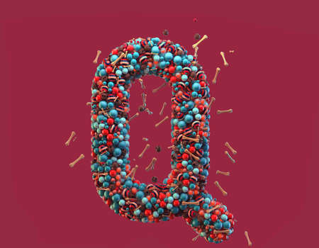 3d rendering. Colorful alphabet with small chocolate skulls and sugar bones. Font with many blue, orange and striped glossy spheres. Candy colors. Single uppercase letter Q. Isolated on red backgroundの写真素材