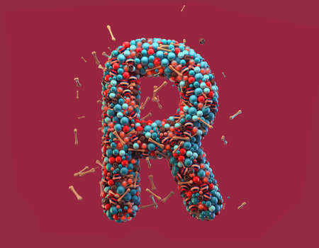 3d rendering. Colorful alphabet with small chocolate skulls and sugar bones. Font with many blue, orange and striped glossy spheres. Candy colors. Single uppercase letter R. Isolated on red backgroundの写真素材