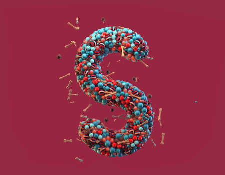3d rendering. Colorful alphabet with small chocolate skulls and sugar bones. Font with many blue, orange and striped glossy spheres. Candy colors. Single uppercase letter S. Isolated on red backgroundの写真素材