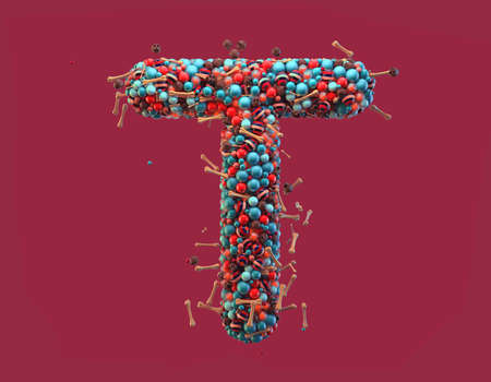 3d rendering. Colorful alphabet with small chocolate skulls and sugar bones. Font with many blue, orange and striped glossy spheres. Candy colors. Single uppercase letter T. Isolated on red backgroundの写真素材