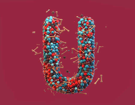 3d rendering. Colorful alphabet with small chocolate skulls and sugar bones. Font with many blue, orange and striped glossy spheres. Candy colors. Single uppercase letter U. Isolated on red backgroundの写真素材