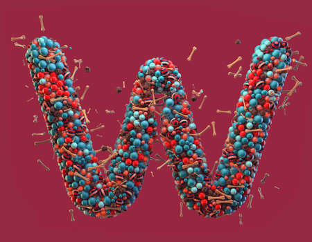 3d rendering. Colorful alphabet with small chocolate skulls and sugar bones. Font with many blue, orange and striped glossy spheres. Candy colors. Single uppercase letter W. Isolated on red backgroundの写真素材