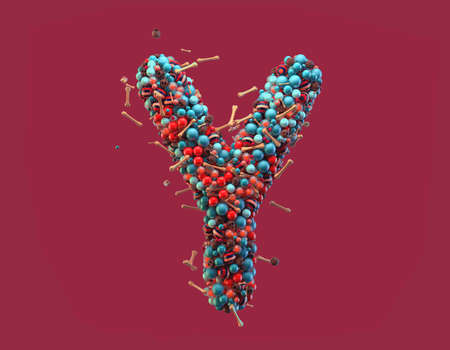 3d rendering. Colorful alphabet with small chocolate skulls and sugar bones. Font with many blue, orange and striped glossy spheres. Candy colors. Single uppercase letter Y. Isolated on red backgroundの写真素材