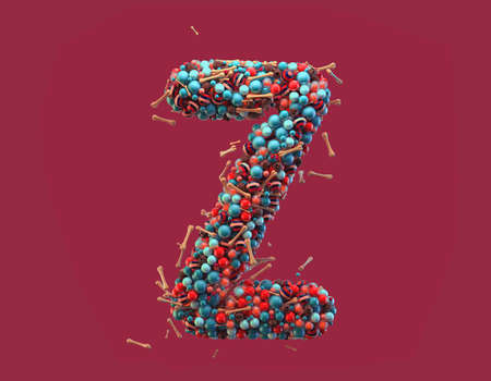 3d rendering. Colorful alphabet with small chocolate skulls and sugar bones. Font with many blue, orange and striped glossy spheres. Candy colors. Single uppercase letter Z. Isolated on red backgroundの写真素材